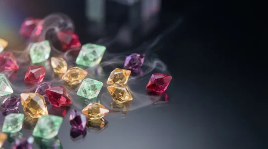 Variété de saveurs fruitées et gourmandes dans des flacons colorés évoquant la cigarette électronique